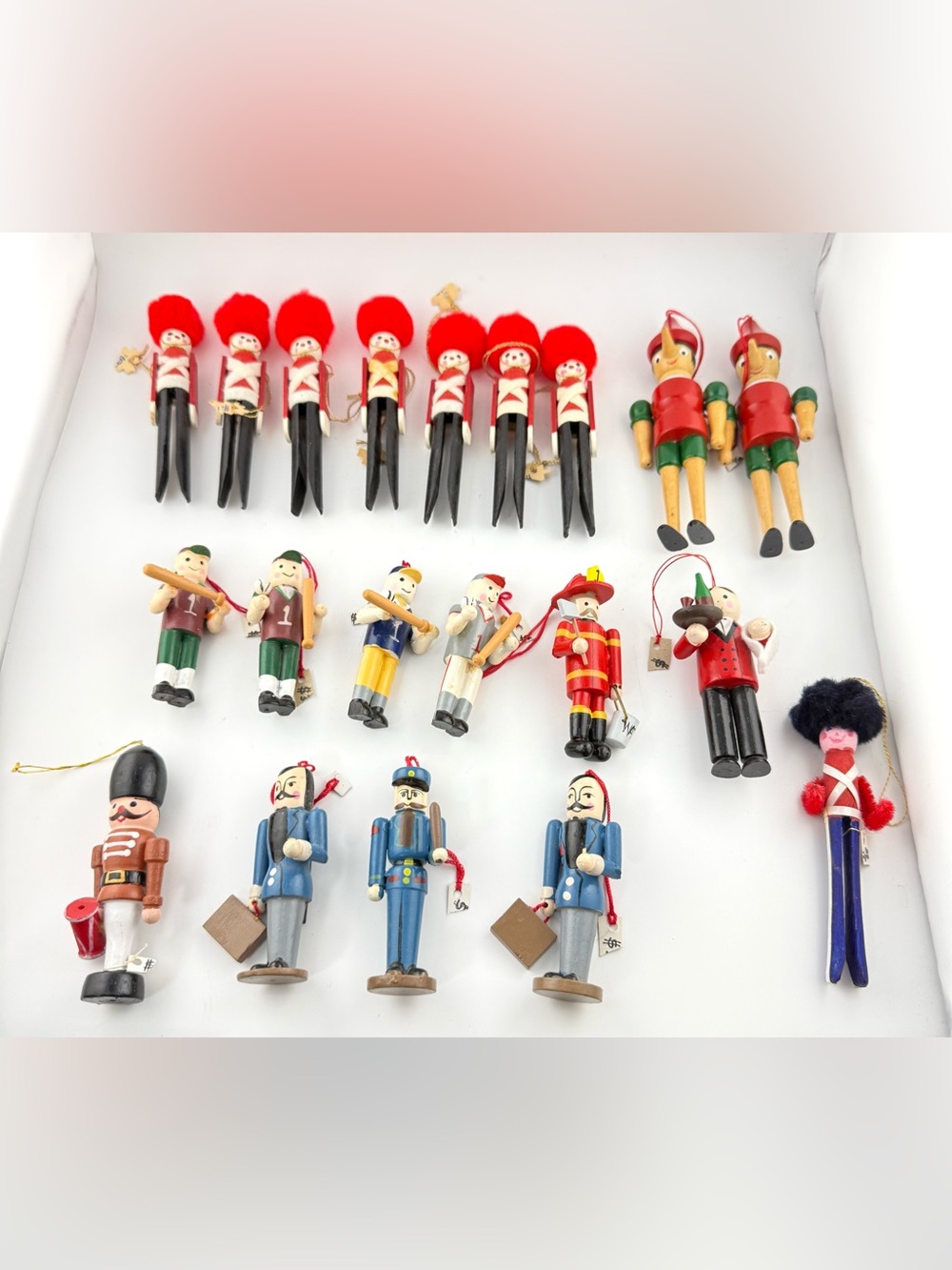 Vintage wooden Christmas ornaments lot w Soldiers, Baseball, Pinocchio,